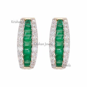Real Green Emerald Baguette Cut Hoop Huggie Earrings, Emerald Diamond Gold Hoop, Emerald 14K/18K Rose Gold Earring, Mother&#39;s Wife Gold Gifts