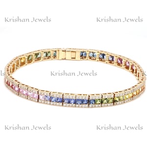 14k/18k Gold 2.5mm Princess Cut Natural Multi Rainbow Sapphire and Diamond Channel Set Tennis Bracelet, Summer Jewelry, Gift for Sister