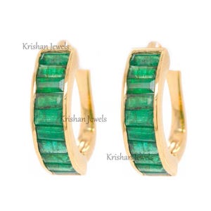 Precious Green Emerald Hoop Earrings, 14K/18K Rose Gold Emerald Baguette Huggie Hoop, Emerald Wedding Earring, Prefect Gift for Girlfriend