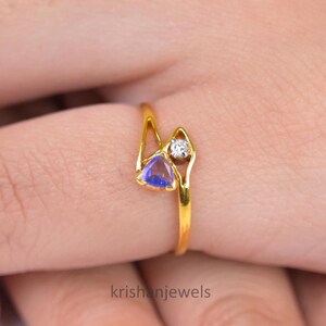 Tanzanite Diamond Ring, Minimalist 18k Yellow Gold Trillion Cut Tanzanite Ring Jewelry, Proposal Ring, Women&#39;s Diamond Ring, GJEPC Certified