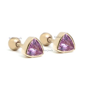 14K Solid Rose Gold Pink Sapphire Trilliant Mini Piercing Stud Earring, Girlfriend Gift, Natural Pink Sapphire Studs, Anniversary Jewelry