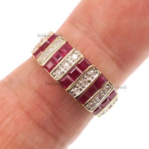 Classic 14k Solid Yellow Gold Natural Ruby and Diamond Band Ring, Birthday Ring, Engagement Band, Ruby Diamond Gift Band, Unisex Gold Band