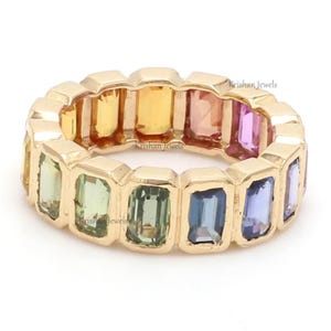 18K Rose Gold Natural Multi Colored Sapphire Full Eternity Wedding Ring, Rainbow Sapphire Matching Band, Trendy Stackable Band, Gift for her