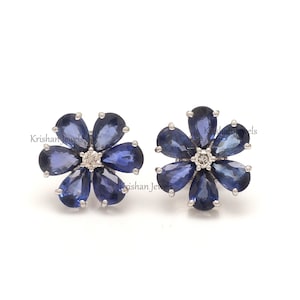14K White Gold Natural Blue Sapphire and Lab Grown Diamond Stud Earring, Floral Design Sapphire Bridesmaid Earring, Engagement Gift for Girl