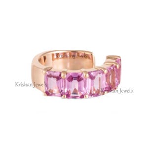 Pendientes tipo aro con zafiro rosa en oro de 18 quilates, con bisagras, para San Valentín, minimalistas, sin perforaciones, con forma de caracola, regalo para novia.