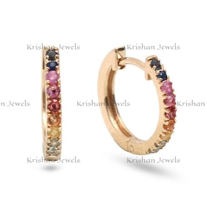 14K/18K Gold Rainbow Sapphire Huggie Earring, Women&#39;s Sapphire Jewelry, Natural Multi Ombre Sapphire Ear Cuff Hoops Earring, Everyday Gift