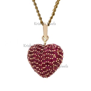 18K Gold Natural Red Ruby Pave Set Heart Women&#39;s Pendant, July Birthstone, Perfect Gift Jewelry, Minimalist Love Necklace, Girlfriend Gift