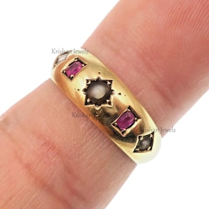Vintage Victorian RARE 15k Yellow Gold Natural Pearl & Ruby Band Ring, Girlfriend Propose Band, White Pearl Band, Victorian Ruby Jewelry
