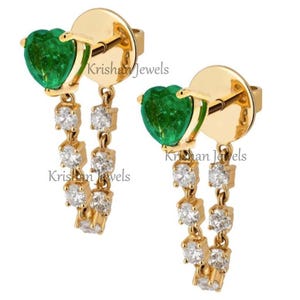 Emerald Tennis Hanging Earrings, Emerald with Lab Diamond Dangle Drop Earring, 18K Gold Natural Green Emerald Stud Earring, Valentine&#39;s Gift