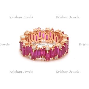 14k/18k Solid Gold Natural Ruby Diamond Baguette Cut Full Eternity Band, Ruby Zig Zag Design Wedding Band, Ruby Birthstone Ring for Women&#39;s