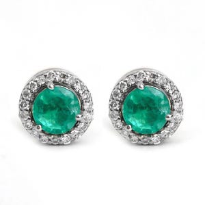 Natural Round Emerald Stud Earring For Her - 14K/18K Gold Cluster Mini Stud - Anniversary Birthday Gift Diamond Halo Stud Earring For Women
