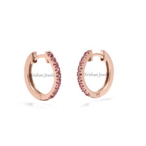Natural Pink Sapphire Huggies Hoop Earrings | 14K/18K Gold Hoops | Pink Sapphire  Small Hoop Earrings | Cute Anniversary Engagement Gift