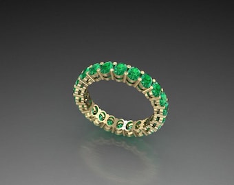 Beautiful Oval Cut Natural Green Emerald Women&#39;s Band Ring, 14k/18k Yellow Gold Band, Wedding/Anniversary Band Ring, Full Eternity Band Ring