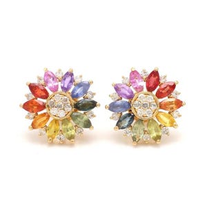 Natural Rainbow Sapphire Flower Studs Earrings | 14K/18K Gold Studs | Anniversary Gift Diamond Cluster Stud Earring | Birthday Gift  For Her
