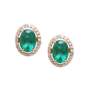 Natural 7x5 MM Oval Cut Emerald Studs Earrings | 14K/18K Yellow Gold Earring | Natural Diamond Stud Earrings | Anniversary Gift For Her