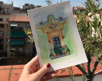 Modernist balcony illustration in Barcelona / Balcony of Barcelona / Digital print / Modernist balcony / Digital download