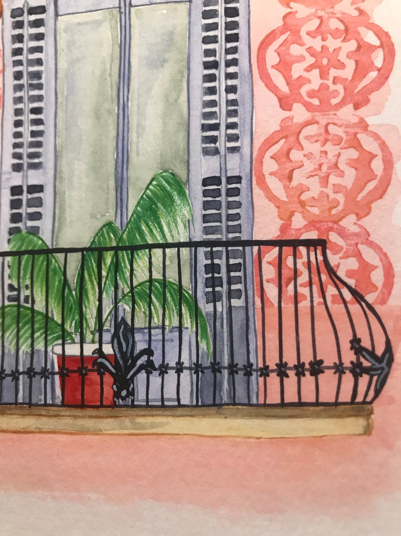 May include: A watercolor painting of a window with white shutters and a balcony with a black railing. A potted plant with green leaves is on the balcony. The wall behind the window is painted pink with a repeating pattern of red flowers.