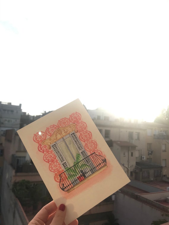 Ilustración de balcón modernista en Barcelona / Balcón de Barcelona / Impresión digital / Balcón modernista / Digital download