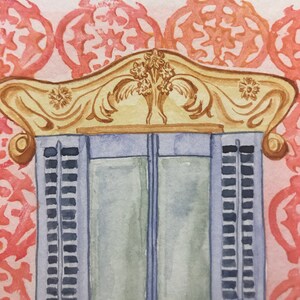 May include: A watercolor painting of a window with blue shutters and a gold ornate frame. The window is set against a background of pink and white floral patterns.