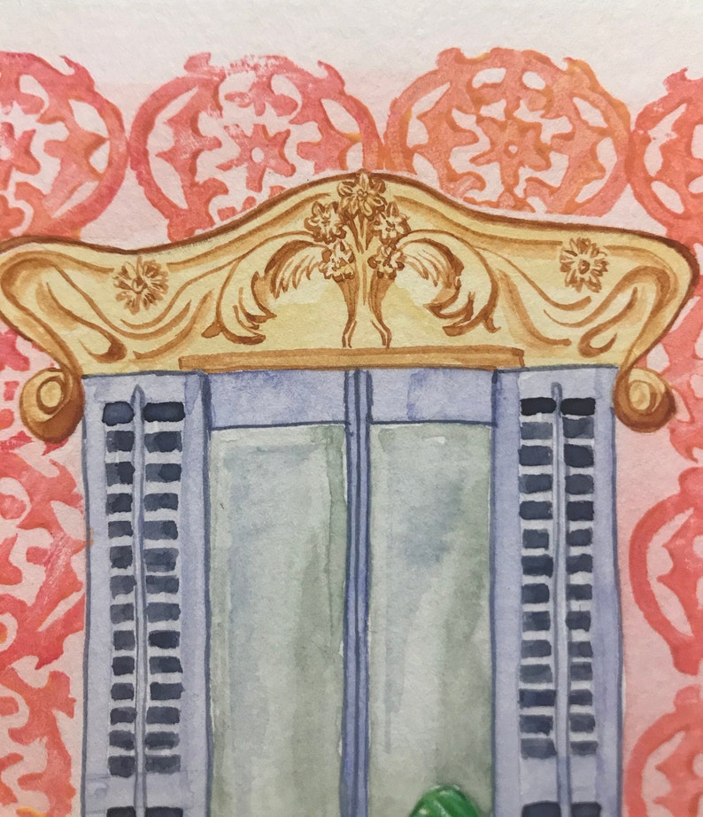 May include: A watercolor painting of a window with blue shutters and a gold ornate frame. The window is set against a background of pink and white floral patterns.