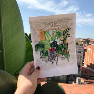 Botanical balcony illustration in Barcelona / Digital print / Downloadable balcony / Barcelona
