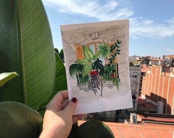 Botanical balcony illustration in Barcelona / Digital print / Downloadable balcony / Barcelona