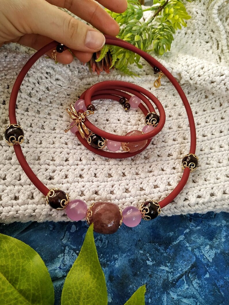 Purple necklace and bracelet with natural stones amethyst and quartz Necklace with a large stone as a gift for her Bracelet massive