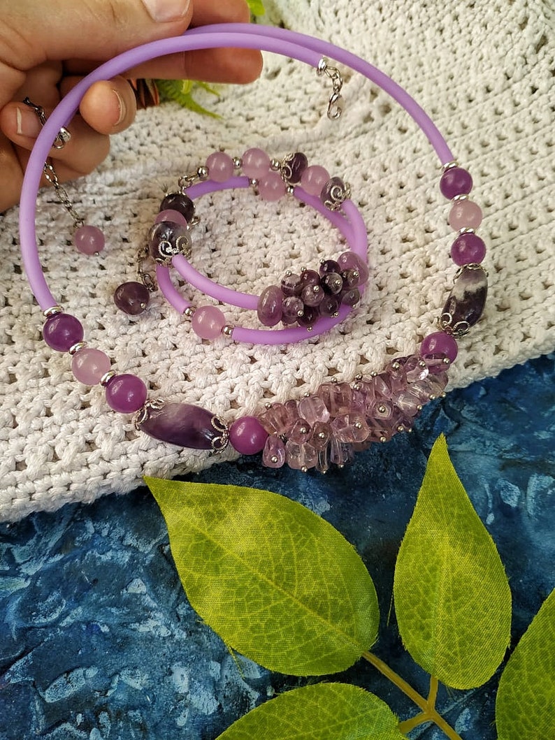 Purple necklace and bracelet with natural stones amethyst and quartz Necklace with a large stone as a gift for her Bracelet massive