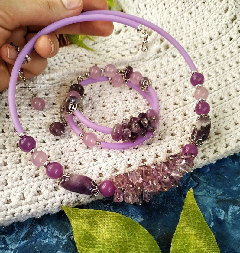 Purple necklace and bracelet with natural stones amethyst and quartz Necklace with a large stone as a gift for her Bracelet massive