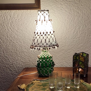 Coastal Décor Table Lamp, Macramé Netting Over Glass and Silk Shade