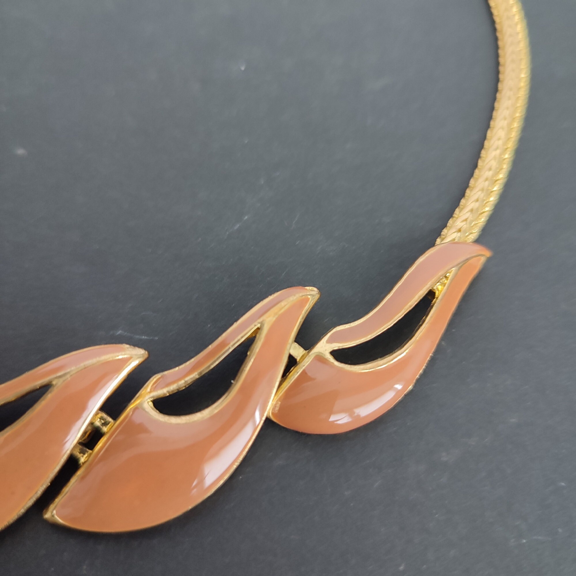 Collier Vintage Plaques émaillées - Caramel Et Chocolat - Emaux D'Art - Doré