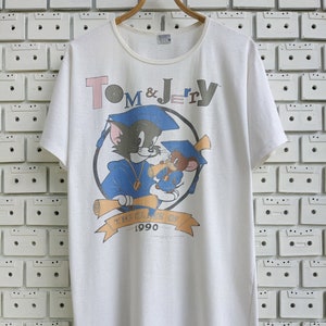 Maglietta vintage 1990 Tom e Jerry Animal Comedy Cartoon Characters Merch Camicia da notte Taglia lunga L