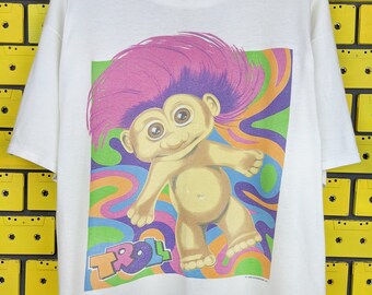 Vintage 1991 Troll Doll Rainbow Hair T-Shirt Danish Woodcutter Thomas Dam Merch Tee Size L