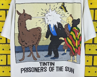 Vintage 90s The Adventures Of Tintin T-Shirt Tin Tin "Prisoners Of The Sun" Herge Comics Cartoon Characters Merch Tee Size Short L
