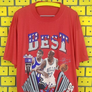 Vintage 90s Michael Jordan Magic Johnson T-Shirt Chicago Bulls Los Angeles Lakers NBA Basketball World Cup Bootleg Tee Size XXL