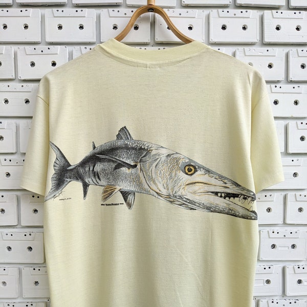 Vintage 1986 Harlequin Barracuda T-Shirt Teena Houck Art Predator Fish Graphic Tee Size Short M/L