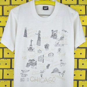 Vintage jaren 90 Chicago Tourist T-shirt Attractions of Chicago Art grappige print T-shirt maat S/M