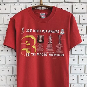 Vintage 2001 FC Liverpool T-Shirt Treble Cup Winners Football Club Soccer Merch Tee Size S