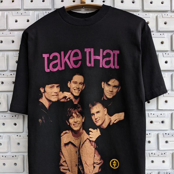 Vintage 90s Take That T-Shirt Robbie Williams Mark Owen Gary Barlow UK Pop Rock Boy Band Bootleg Merch Tee Size M