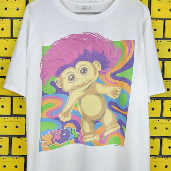 Vintage 1991 Troll Doll Rainbow Hair T-Shirt Danish Woodcutter Thomas Dam Merch Tee Size L
