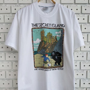 Vintage 90s The Adventures Of Tintin T-Shirt The Secret Island Herge Comics Cartoon Characters Merch Tee Size L