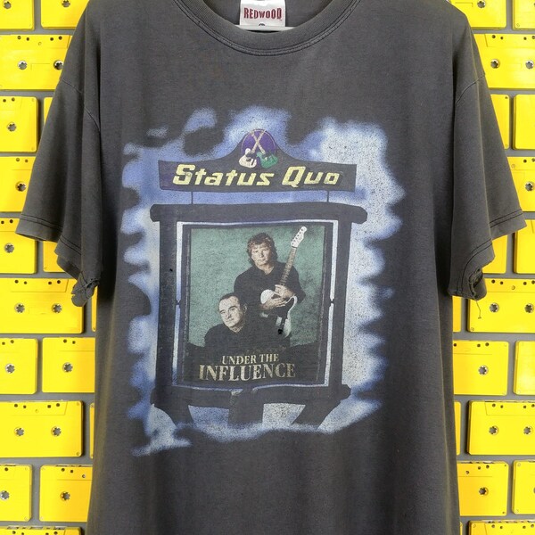 Vintage 1999 Status Quo Tour T-Shirt Under The Influence Album Promo Worn Faded English Hard Rock Band Concert Merch Tee Size Short L