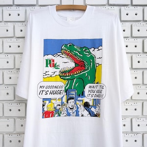 Vintage 90s Dinosaur Print T-Shirt Brooke Bond PG Tips Tea Brand Promotional Tee Size XL