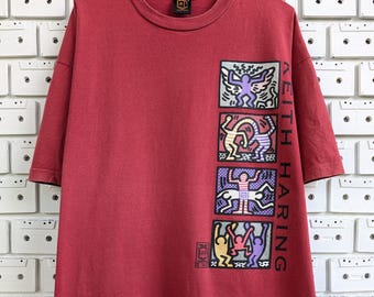 Vintage 90s Keith Haring T-Shirt Pop Art Artist Graphic Print Bootleg Tee Size XL