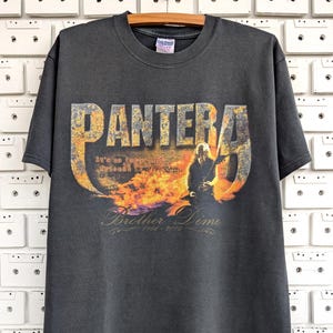 May include: Dark gray t-shirt featuring the band name "PANTERA" in distressed orange and gray lettering. Below the band name is a graphic of a guitarist playing in front of flames, with the text "Brother Dime 1966-2004".