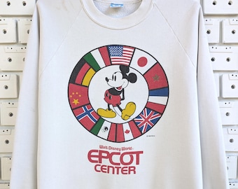 Sudadera vintage de Disney EPCOT Center de 1982 con estampado de banderas internacionales de Mickey Mouse, talla S/M