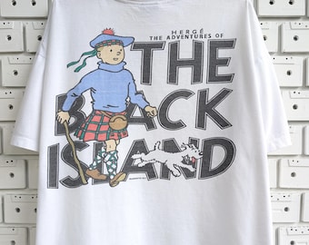 Vintage 90er Jahre Adventures Of Tintin T-Shirt Tin Tin The Black Island Herge Comics Zeichentrickfiguren Merch T-Shirt Size Cropped XL/XXL