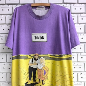 Rare Vintage 90s Adventures Of Tintin T-Shirt Cigars Of The Pharaoh Herge Comics Cartoon Characters Merch AOP Print Tee Size L