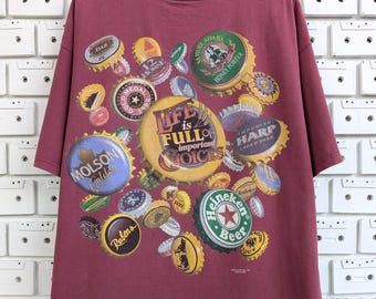 Vintage 1996 Beer Bottle Caps T-Shirt "Life Is Full Of Important Choices" Graphic Tee Size XL