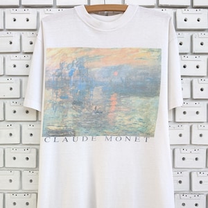 Camiseta vintage de los años 90 con estampado artístico de Claude Monet, pintura del amanecer, talla L